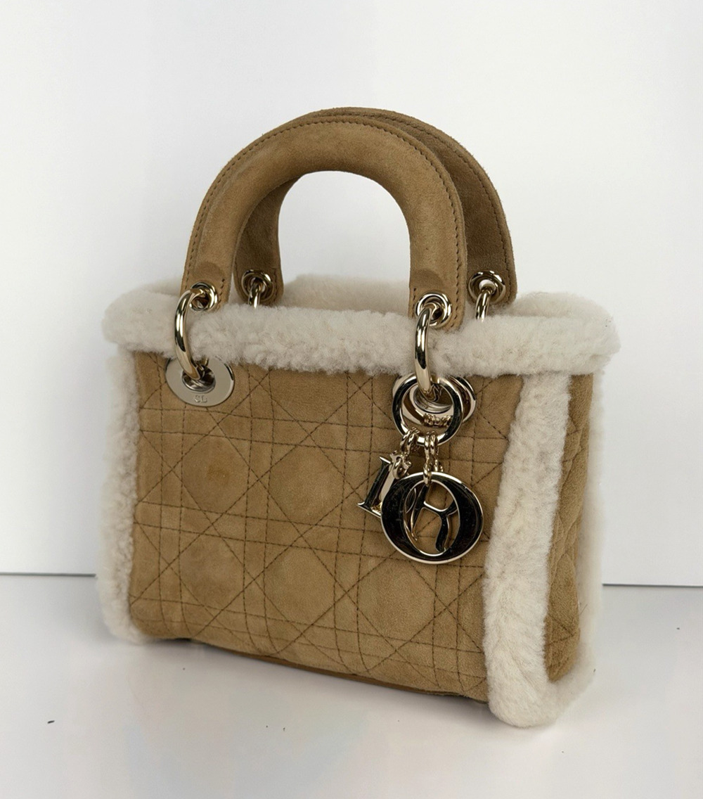 Christian Dior Mini Lady Dior Handbag Beige Cannage Suede with Shearling 2025 F3